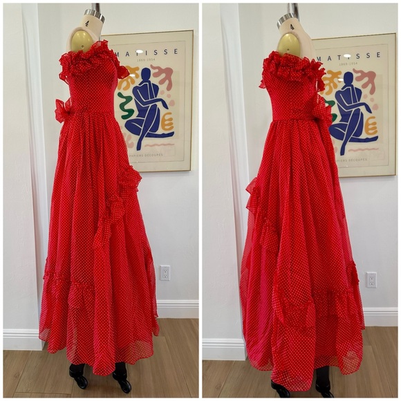 Vintage 70’s/80’s Polka Dot Ruffle Gown - Picture 3 of 16